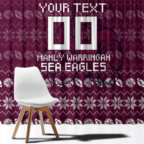 Personalized Sea Eagles Christmas Window Curtain Australian Rugby Fans - Pixelated Ugly Xmas Pattern Mascot Santa