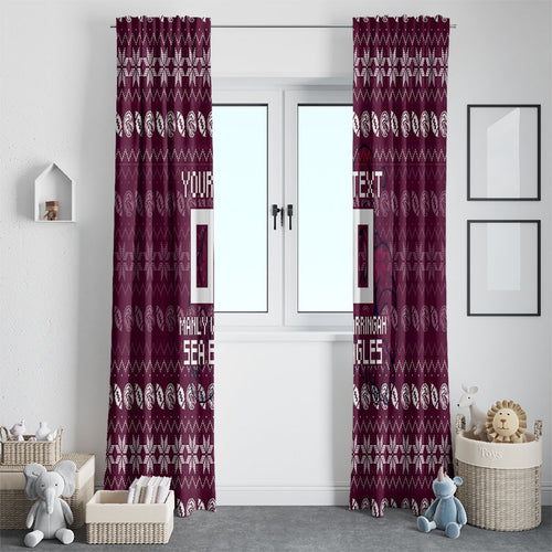 Personalized Sea Eagles Christmas Window Curtain Australian Rugby Fans - Pixelated Ugly Xmas Pattern Mascot Santa
