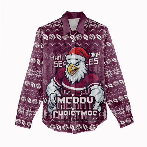 Personalized Sea Eagles Christmas Women Casual Shirt Australian Rugby Fans - Pixelated Ugly Xmas Pattern Mascot Santa