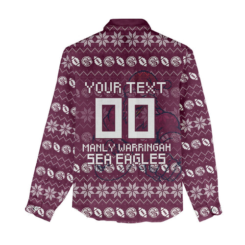 Personalized Sea Eagles Christmas Women Casual Shirt Australian Rugby Fans - Pixelated Ugly Xmas Pattern Mascot Santa