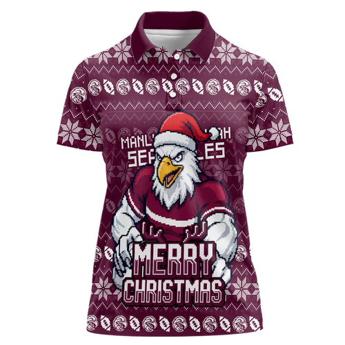 Personalized Sea Eagles Christmas Women Polo Shirt Australian Rugby Fans - Pixelated Ugly Xmas Pattern Mascot Santa