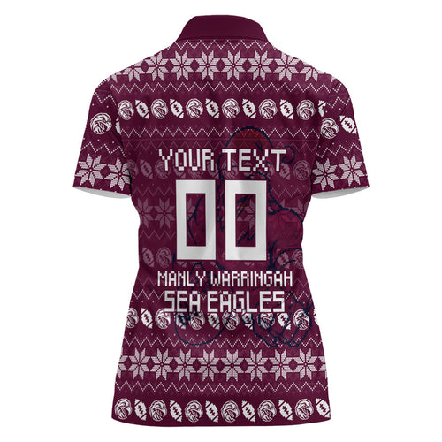 Personalized Sea Eagles Christmas Women Polo Shirt Australian Rugby Fans - Pixelated Ugly Xmas Pattern Mascot Santa