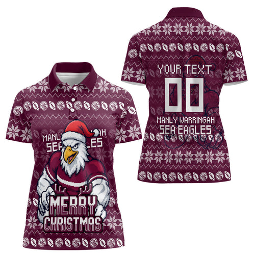 Personalized Sea Eagles Christmas Women Polo Shirt Australian Rugby Fans - Pixelated Ugly Xmas Pattern Mascot Santa