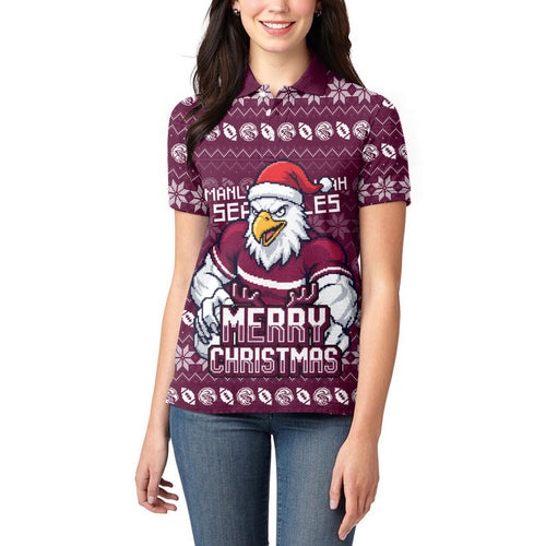 Personalized Sea Eagles Christmas Women Polo Shirt Australian Rugby Fans - Pixelated Ugly Xmas Pattern Mascot Santa
