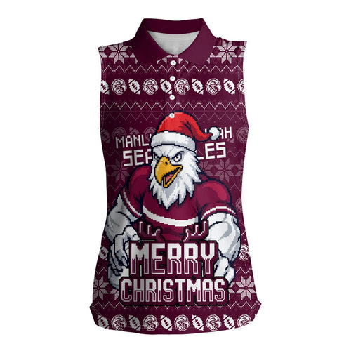 Personalized Sea Eagles Christmas Women Sleeveless Polo Shirt Australian Rugby Fans - Pixelated Ugly Xmas Pattern Mascot Santa