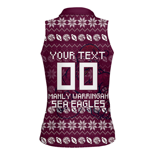 Personalized Sea Eagles Christmas Women Sleeveless Polo Shirt Australian Rugby Fans - Pixelated Ugly Xmas Pattern Mascot Santa