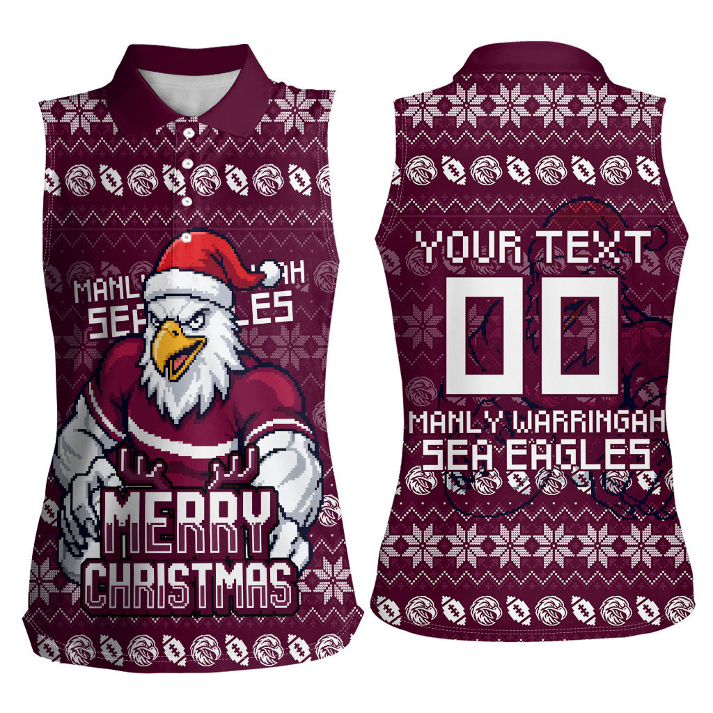 Personalized Sea Eagles Christmas Women Sleeveless Polo Shirt Australian Rugby Fans - Pixelated Ugly Xmas Pattern Mascot Santa