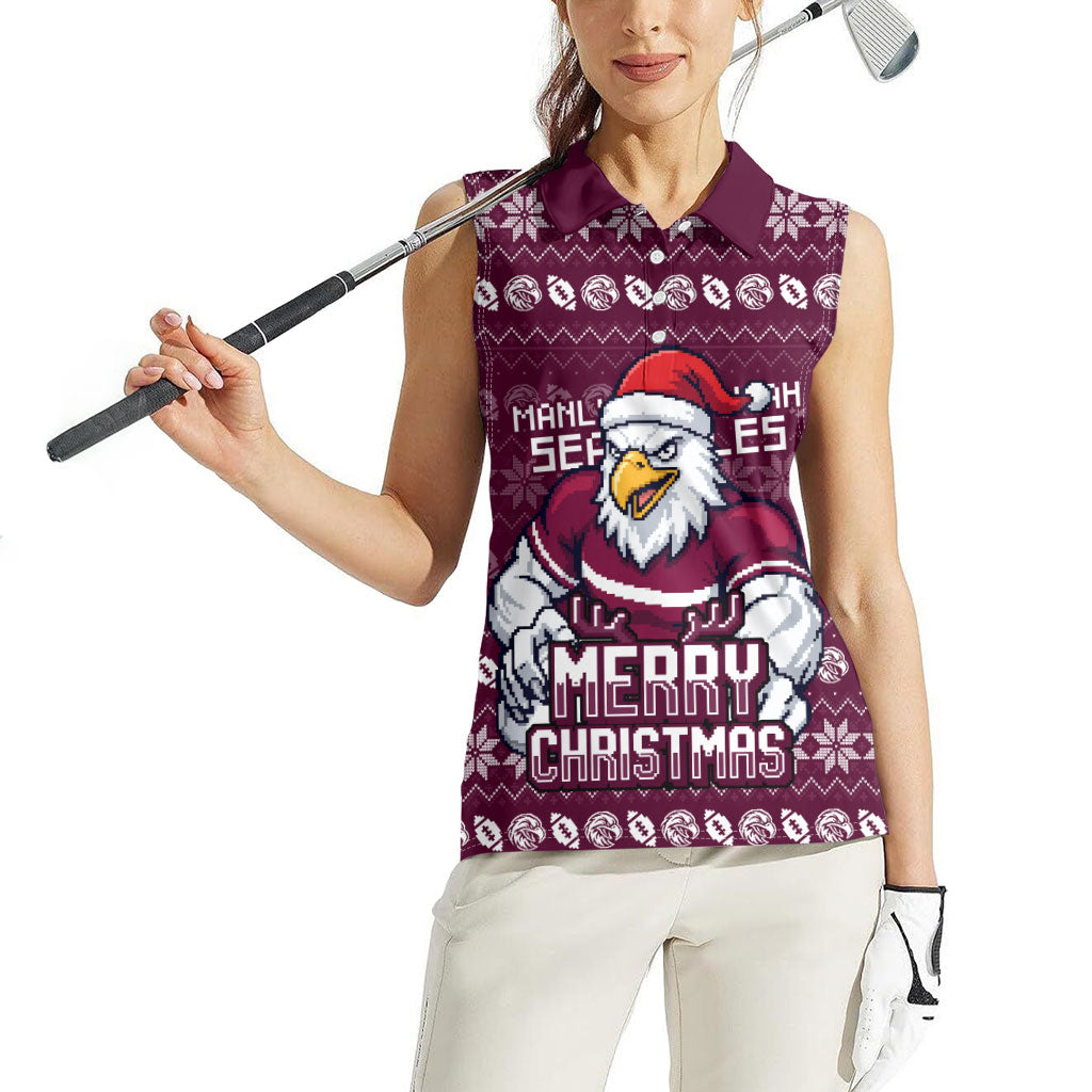Personalized Sea Eagles Christmas Women Sleeveless Polo Shirt Australian Rugby Fans - Pixelated Ugly Xmas Pattern Mascot Santa