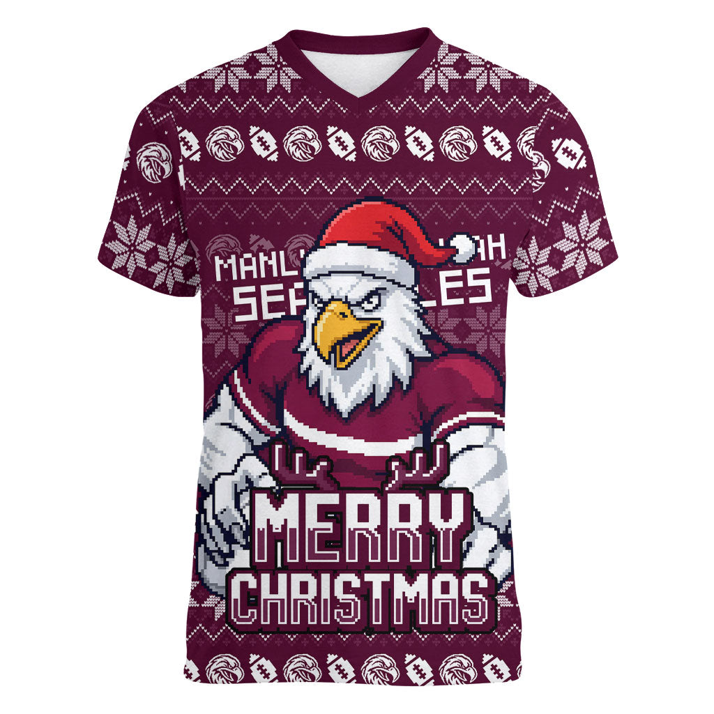 Personalized Sea Eagles Christmas Women V-Neck T-Shirt Australian Rugby Fans - Pixelated Ugly Xmas Pattern Mascot Santa