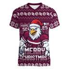 Personalized Sea Eagles Christmas Women V-Neck T-Shirt Australian Rugby Fans - Pixelated Ugly Xmas Pattern Mascot Santa