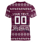 Personalized Sea Eagles Christmas Women V-Neck T-Shirt Australian Rugby Fans - Pixelated Ugly Xmas Pattern Mascot Santa