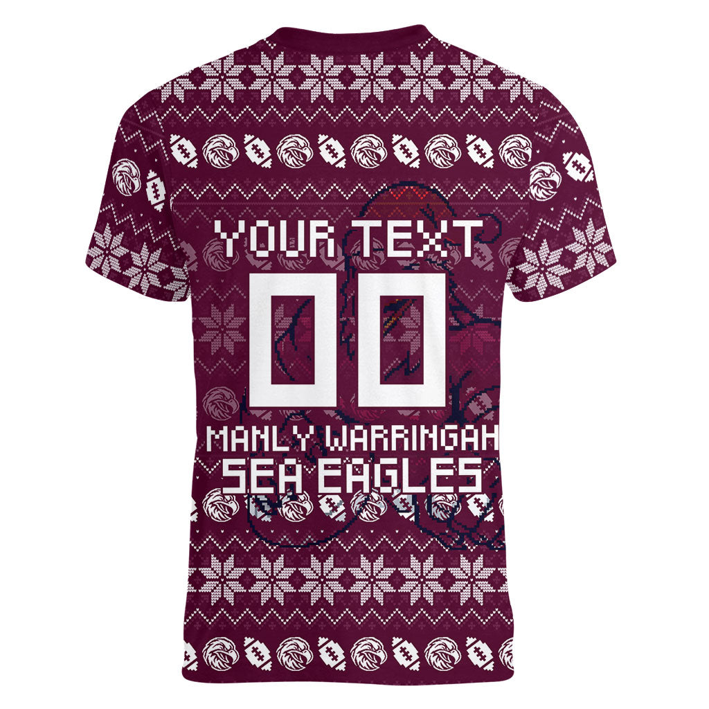 Personalized Sea Eagles Christmas Women V-Neck T-Shirt Australian Rugby Fans - Pixelated Ugly Xmas Pattern Mascot Santa