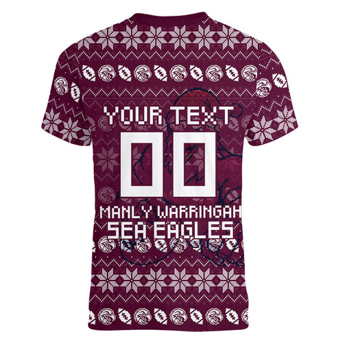 Personalized Sea Eagles Christmas Women V-Neck T-Shirt Australian Rugby Fans - Pixelated Ugly Xmas Pattern Mascot Santa