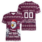 Personalized Sea Eagles Christmas Women V-Neck T-Shirt Australian Rugby Fans - Pixelated Ugly Xmas Pattern Mascot Santa