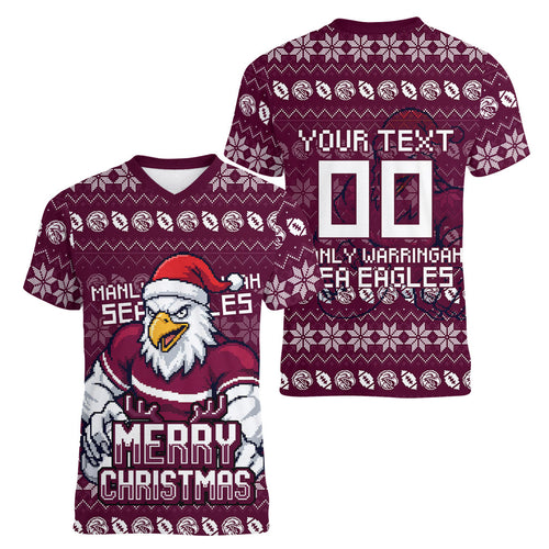Personalized Sea Eagles Christmas Women V-Neck T-Shirt Australian Rugby Fans - Pixelated Ugly Xmas Pattern Mascot Santa