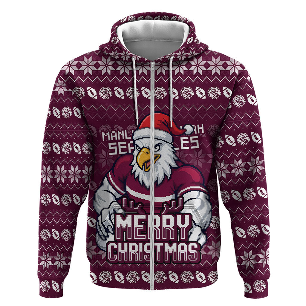 Personalized Sea Eagles Christmas Zip Hoodie Australian Rugby Fans - Pixelated Ugly Xmas Pattern Mascot Santa