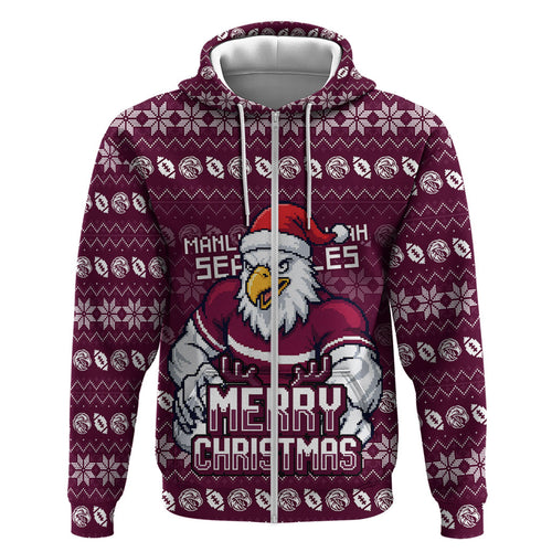 Personalized Sea Eagles Christmas Zip Hoodie Australian Rugby Fans - Pixelated Ugly Xmas Pattern Mascot Santa