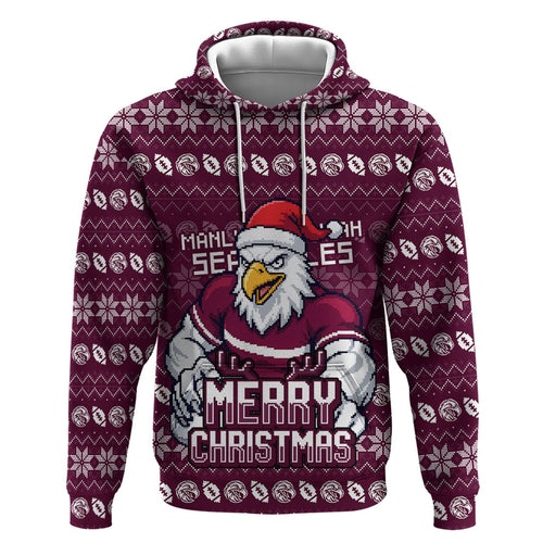 Personalized Sea Eagles Christmas Zip Hoodie Australian Rugby Fans - Pixelated Ugly Xmas Pattern Mascot Santa