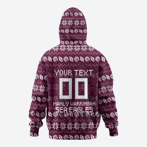 Personalized Sea Eagles Christmas Zip Hoodie Australian Rugby Fans - Pixelated Ugly Xmas Pattern Mascot Santa