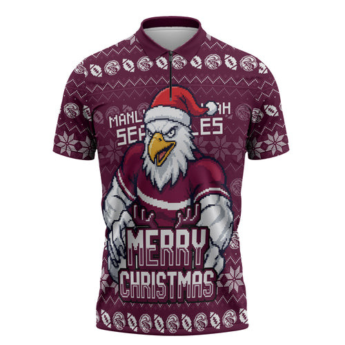 Personalized Sea Eagles Christmas Zipper Polo Shirt Australian Rugby Fans - Pixelated Ugly Xmas Pattern Mascot Santa