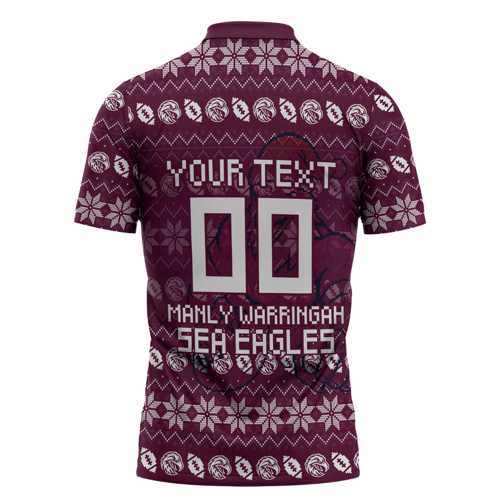 Personalized Sea Eagles Christmas Zipper Polo Shirt Australian Rugby Fans - Pixelated Ugly Xmas Pattern Mascot Santa