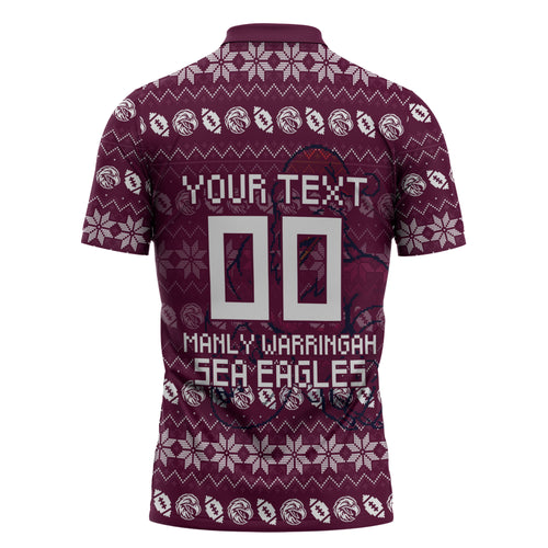 Personalized Sea Eagles Christmas Zipper Polo Shirt Australian Rugby Fans - Pixelated Ugly Xmas Pattern Mascot Santa