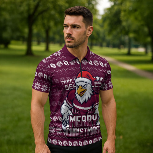 Personalized Sea Eagles Christmas Zipper Polo Shirt Australian Rugby Fans - Pixelated Ugly Xmas Pattern Mascot Santa