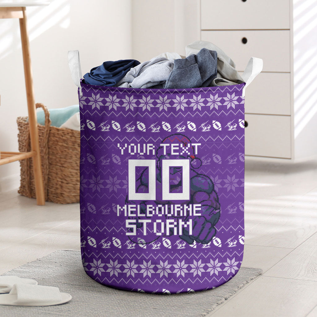Personalized Melbourne Storm Christmas Laundry Basket Australian Rugby Fans - Pixelated Ugly Xmas Pattern Mascot Santa