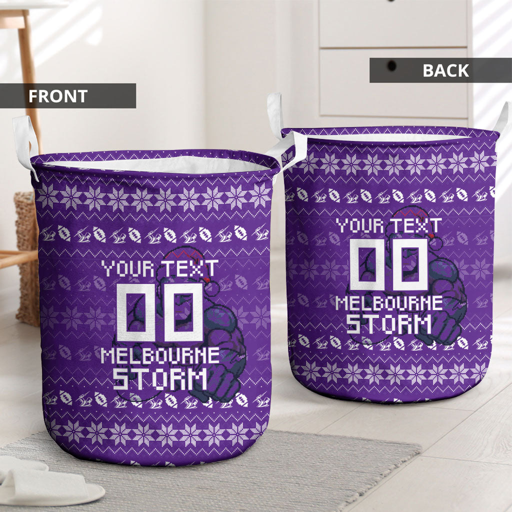 Personalized Melbourne Storm Christmas Laundry Basket Australian Rugby Fans - Pixelated Ugly Xmas Pattern Mascot Santa