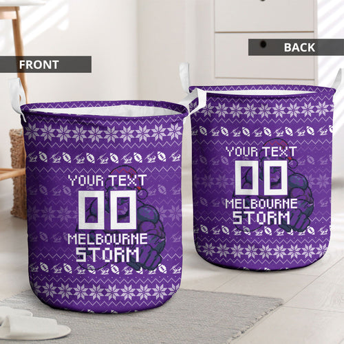 Personalized Melbourne Storm Christmas Laundry Basket Australian Rugby Fans - Pixelated Ugly Xmas Pattern Mascot Santa