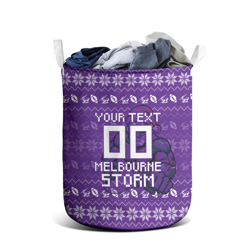 Personalized Melbourne Storm Christmas Laundry Basket Australian Rugby Fans - Pixelated Ugly Xmas Pattern Mascot Santa