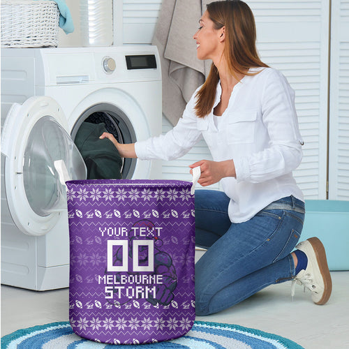 Personalized Melbourne Storm Christmas Laundry Basket Australian Rugby Fans - Pixelated Ugly Xmas Pattern Mascot Santa