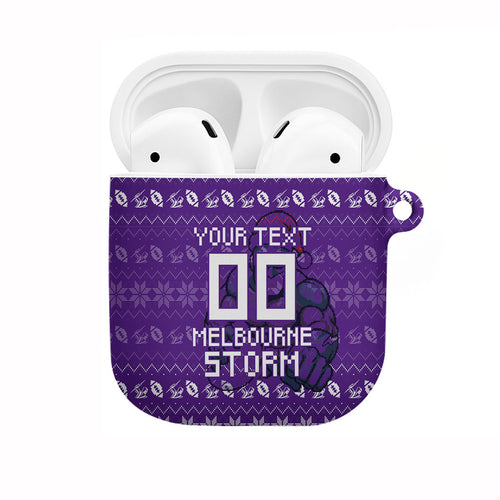 Personalized Melbourne Storm Christmas AirPods Case Australian Rugby Fans - Pixelated Ugly Xmas Pattern Mascot Santa