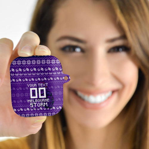 Personalized Melbourne Storm Christmas AirPods Case Australian Rugby Fans - Pixelated Ugly Xmas Pattern Mascot Santa