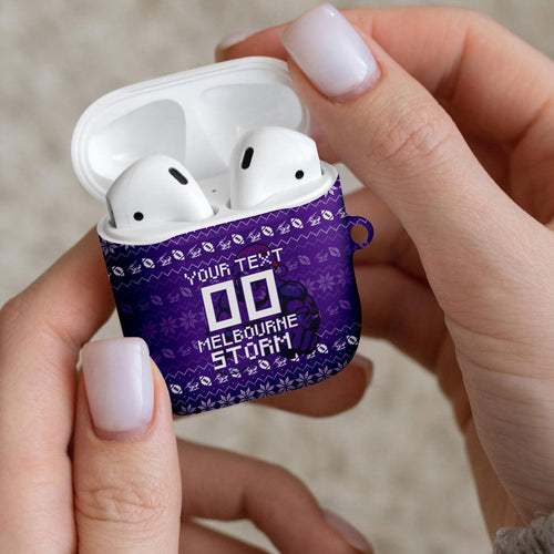 Personalized Melbourne Storm Christmas AirPods Case Australian Rugby Fans - Pixelated Ugly Xmas Pattern Mascot Santa