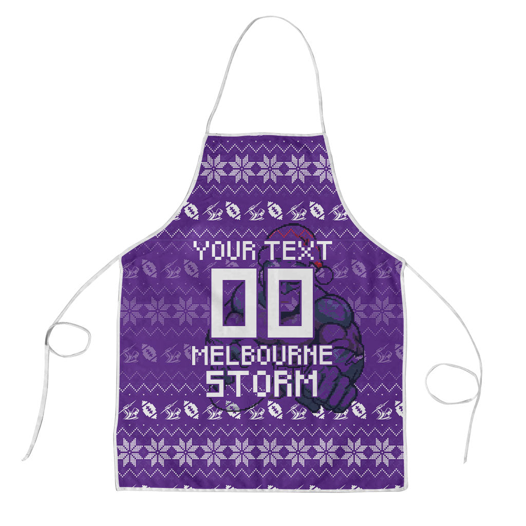 Personalized Melbourne Storm Christmas Apron Australian Rugby Fans - Pixelated Ugly Xmas Pattern Mascot Santa