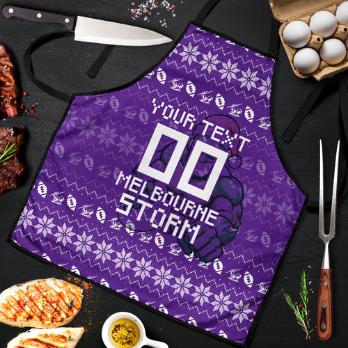Personalized Melbourne Storm Christmas Apron Australian Rugby Fans - Pixelated Ugly Xmas Pattern Mascot Santa