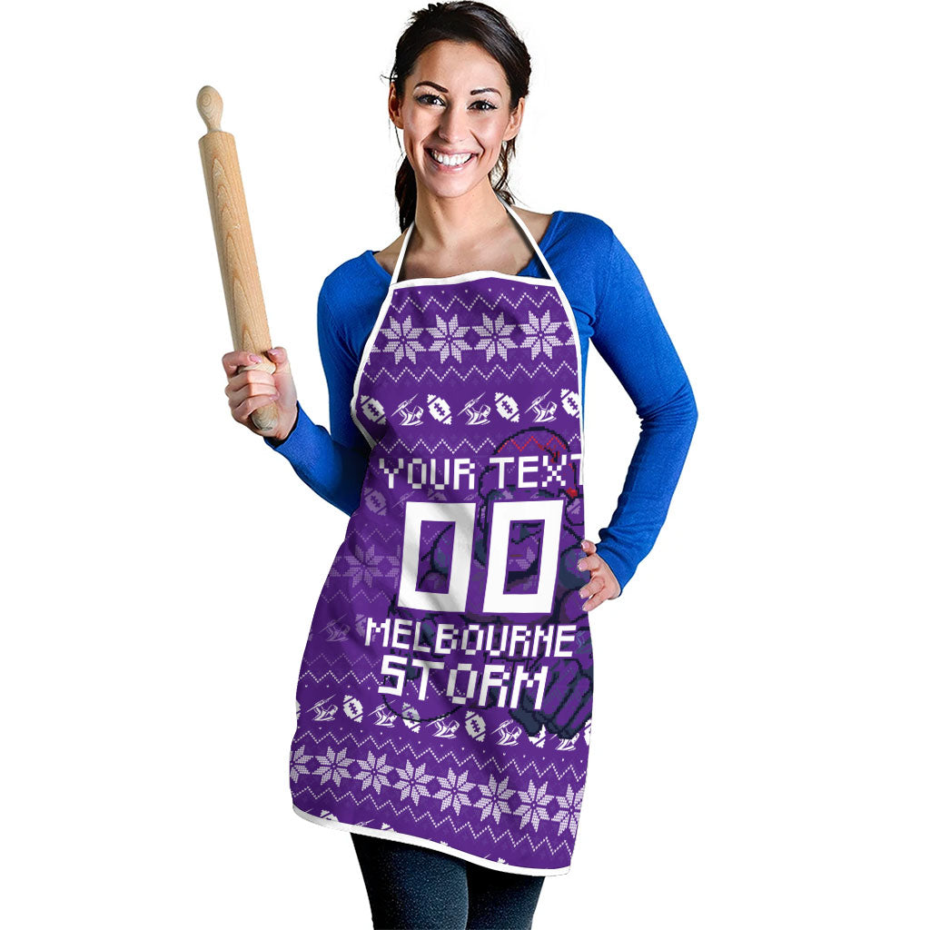 Personalized Melbourne Storm Christmas Apron Australian Rugby Fans - Pixelated Ugly Xmas Pattern Mascot Santa