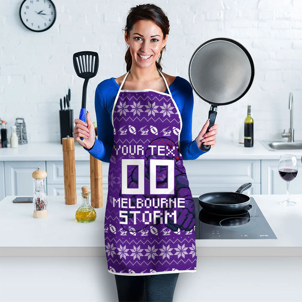 Personalized Melbourne Storm Christmas Apron Australian Rugby Fans - Pixelated Ugly Xmas Pattern Mascot Santa