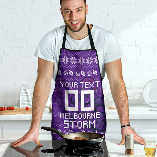 Personalized Melbourne Storm Christmas Apron Australian Rugby Fans - Pixelated Ugly Xmas Pattern Mascot Santa