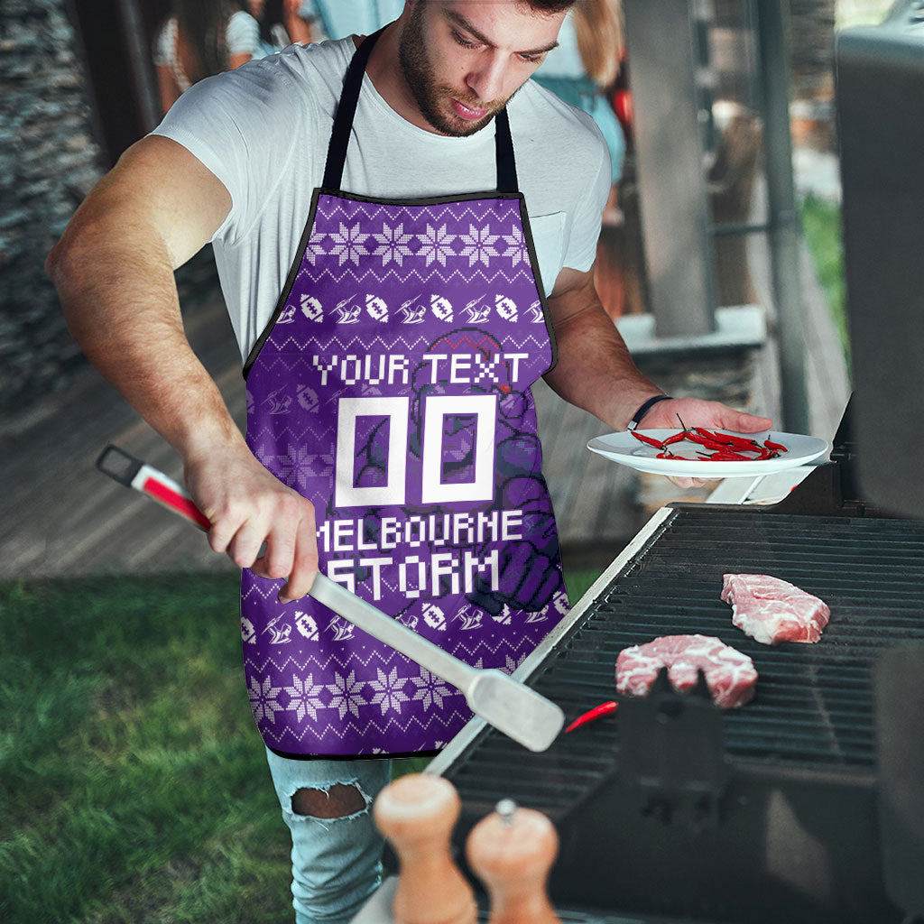 Personalized Melbourne Storm Christmas Apron Australian Rugby Fans - Pixelated Ugly Xmas Pattern Mascot Santa