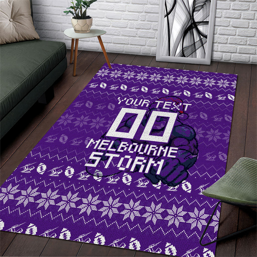 Personalized Melbourne Storm Christmas Area Rug Australian Rugby Fans - Pixelated Ugly Xmas Pattern Mascot Santa