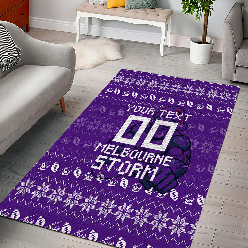 Personalized Melbourne Storm Christmas Area Rug Australian Rugby Fans - Pixelated Ugly Xmas Pattern Mascot Santa
