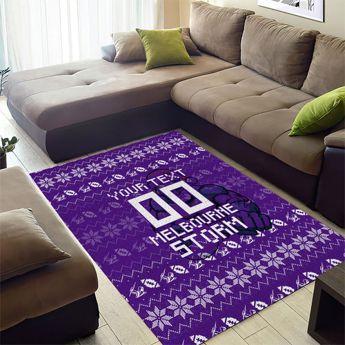 Personalized Melbourne Storm Christmas Area Rug Australian Rugby Fans - Pixelated Ugly Xmas Pattern Mascot Santa