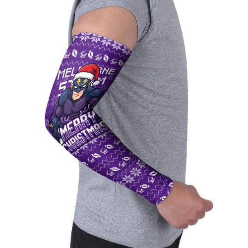 Personalized Melbourne Storm Christmas Arm Sleeves Australian Rugby Fans - Pixelated Ugly Xmas Pattern Mascot Santa
