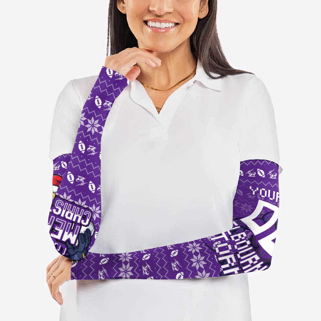 Personalized Melbourne Storm Christmas Arm Sleeves Australian Rugby Fans - Pixelated Ugly Xmas Pattern Mascot Santa