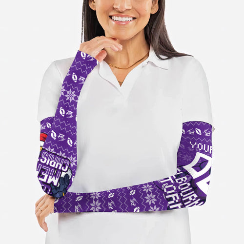 Personalized Melbourne Storm Christmas Arm Sleeves Australian Rugby Fans - Pixelated Ugly Xmas Pattern Mascot Santa