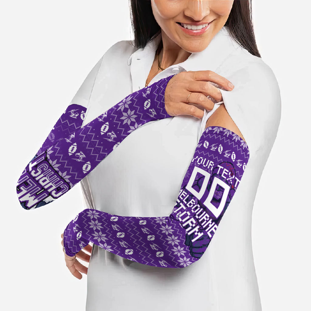 Personalized Melbourne Storm Christmas Arm Sleeves Australian Rugby Fans - Pixelated Ugly Xmas Pattern Mascot Santa