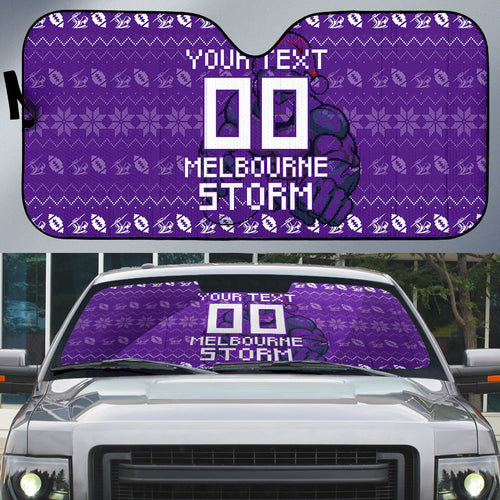 Personalized Melbourne Storm Christmas Auto Sun Shade Australian Rugby Fans - Pixelated Ugly Xmas Pattern Mascot Santa