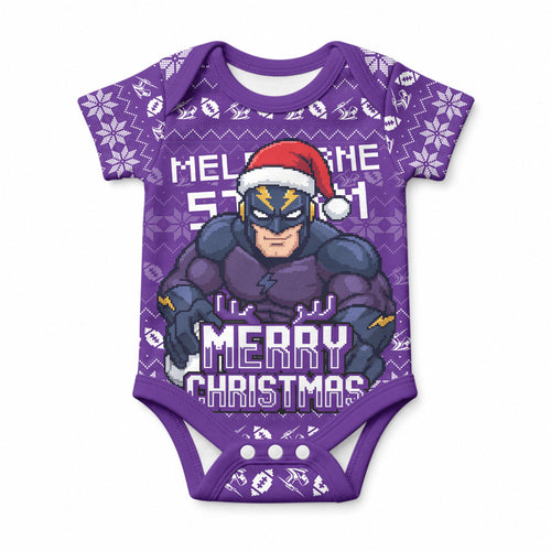 Personalized Melbourne Storm Christmas Baby Onesie Australian Rugby Fans - Pixelated Ugly Xmas Pattern Mascot Santa